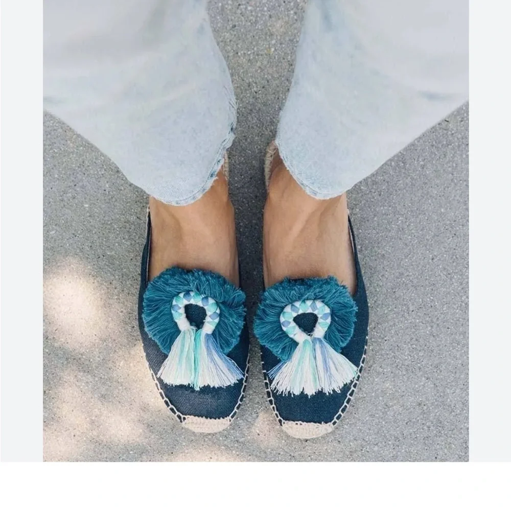 NEW Soludos Kiki Tassel Midnight Blue Canvas Slip On Flat Mule Espadrilles